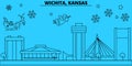 United States, Wichita winter holidays skyline. Merry Christmas, Happy New Year decorated banner with Santa Claus.United