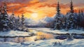 Winter Sunrise: A Fantastic Landscape Painting With Saturated Palette Royalty Free Stock Photo