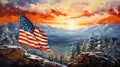 Vibrant American Flag Painting In Snow Covered Mountain Scene