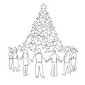 Unity, company of people around the Christmas tree continuous one line drawing. Friends holding hands together. New Year Royalty Free Stock Photo