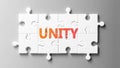 Unity complex like a puzzle - pictured as word Unity on a puzzle pieces to show that Unity can be difficult and needs cooperating