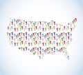 Unity diversity colorful people figures inside of USA map shape silhouette symbol