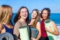 unity group of women practic yoga on rhe beach in morning Royalty Free Stock Photo