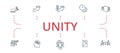 Unity icon set. Contains editable icons theme such as motivation, communication, cooperation and more.