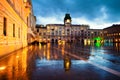 Unity of Italy Square in Trieste, Italy at night during the heavy raining