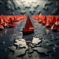 Unity in motion Paper boats follow red leader on world map, symbolizing collaborative success