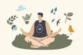 Unity with Nature Concept. Man Meditating Outdoors Sit in Lotus Yoga Asana Pose. Healthy Lifestyle, Relaxed Spare Time