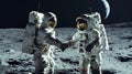 Unity in space: couple of spacemen share handshake on the lunar surface