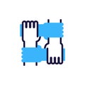 unity symbol icon with four hands clasping wrists in a square, vector flat line illustration for teamwork, support, partnership