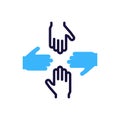 Unity symbol icon with four open palms. Vector illustration symbol for collaboration, mutual support, and solidarity concept