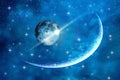 Univers and planet  night starry sky moon cosmic nebule flares space moon globe Royalty Free Stock Photo