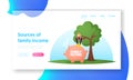Universal Basic Family Income, Salary and Wealth Landing Page Template. Man Sit on Tree Put Huge Coin into Piggy Bank