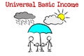 Universal Basic Income, Drawing of family under the protective umbrella of universal basic income