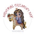 Universal Childrens Day. Watercolor. A cute princess with a haircut and a crown on a beautiful horse in hearts and flowers. Hand