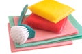 Universal colored soft napkins, sponges, a brush for washing dishes and cleaning the kitchen.