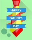 Universal Father`s Day card and red necktie concept surrounded by blue ribbon.