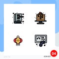 4 Universal Filledline Flat Color Signs Symbols of auction, lantern, law, birthday, china