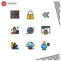 9 Universal Filledline Flat Colors Set for Web and Mobile Applications disk, computer, arrows, data scientist, analyzer