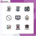 Universal Icon Symbols Group of 9 Modern Filledline Flat Colors of play, screen, protect, monitor, forbidden