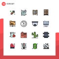 Universal Icon Symbols Group of 16 Modern Flat Color Filled Lines of server, data, learning, hotel, furniture