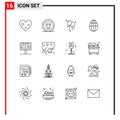 Universal Icon Symbols Group of 16 Modern Outlines of advertising, bill board, pirate, board, easter
