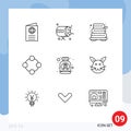 Universal Icon Symbols Group of 9 Modern Outlines of bottle, rattle, announcement, infancy, baby rattle