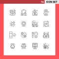 Universal Icon Symbols Group of 16 Modern Outlines of candy, hardware, paint, cpu, robbery
