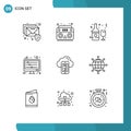 Universal Icon Symbols Group of 9 Modern Outlines of computing, waves, drink, sound waves, equalizer