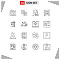 Universal Icon Symbols Group of 16 Modern Outlines of constructing, building, marketing, crane, gong