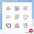 Universal Icon Symbols Group of 9 Modern Outlines of crypto currency, coin, teller, elastic, man