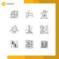 Universal Icon Symbols Group of 9 Modern Outlines of cut, play, money, games, arcade