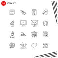 Universal Icon Symbols Group of 16 Modern Outlines of food, cake, tool, message, bubble