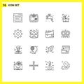 Universal Icon Symbols Group of 16 Modern Outlines of gear, parcel, space, package, plumbing