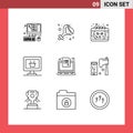 Universal Icon Symbols Group of 9 Modern Outlines of laptop, cart, celebrate, business, smiley