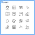 Universal Icon Symbols Group of 16 Modern Outlines of message, bubble, computer, upload, arrows