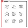 Universal Icon Symbols Group of 9 Modern Outlines of message, email, lettering, sms, schedule Royalty Free Stock Photo