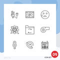 Universal Icon Symbols Group of 9 Modern Outlines of science, atom, ground, research, emojis