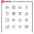 Universal Icon Symbols Group of 16 Modern Outlines of signature, document, cube, notepad, lock