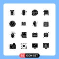 Universal Icon Symbols Group of 16 Modern Solid Glyphs of globe, transport, finance, school, worldwide Royalty Free Stock Photo