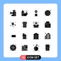 Universal Icon Symbols Group of 16 Modern Solid Glyphs of rose, orbit, protein, moon, spring