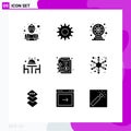 Universal Icon Symbols Group of 9 Modern Solid Glyphs of stack, documents, fun, plate, love