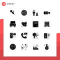 Universal Icon Symbols Group of 16 Modern Solid Glyphs of transportation, taxi, business, filled, camera