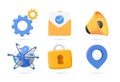 Universal icons. Clock, pin, gear, lock, speaker, map, globe. 3d render vector icon set. Website icons 3D. Business