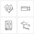 Set of 4 Line Icon Signs and Symbols of heart, play, valentine`s day, camera, book