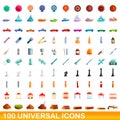 100 universal icons set, cartoon style