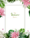 Universal invitation, congratulation card with green tropical palm, monstera leaves and Aechmea blooming flowers on the Royalty Free Stock Photo