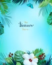Universal invitation, congratulation card with green tropical palm, monstera leaves and hibiscus blooming flower on the
