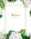 Universal invitation, congratulation card with green tropical palm, monstera leaves and magnolia blooming flowers on the Royalty Free Stock Photo