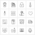 16 Universal Line Icon Pixel Perfect Symbols of cotton, Halloween, lock, candle, musical