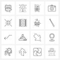 16 Universal Line Icon Pixel Perfect Symbols of movies, direction, calculator, arrow, photography